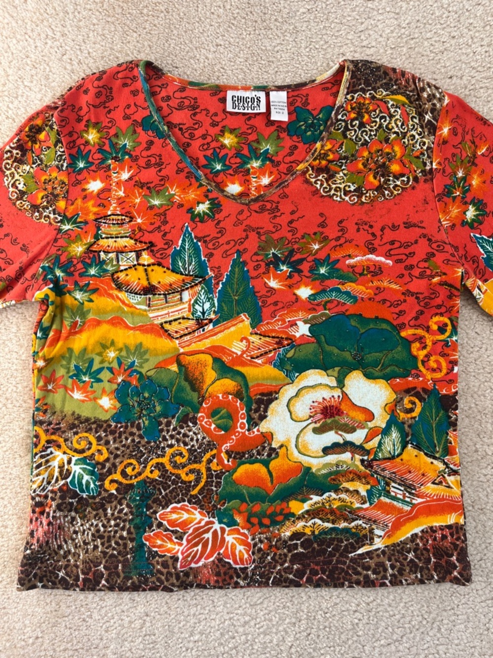 Chico's Design Beaded Multicolor Asian Patterned Long Sleeve Top Women's Size 2